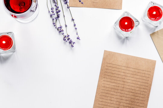 concept of Valentine Day love letter white background top view