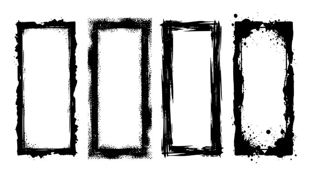 Collection of grungy textured rectangular frames and ink splatter borders: Design for vintage photo overlays, comic book speech boxes, and urban poster designs. Vector. Transparent SVG version.