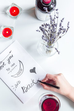 concept of Valentine Day love letter white background top view