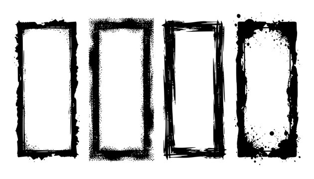 Collection of grungy textured rectangular frames and ink splatter borders: Design for vintage photo overlays, comic book speech boxes, and urban poster designs. Vector. Transparent PNG version.