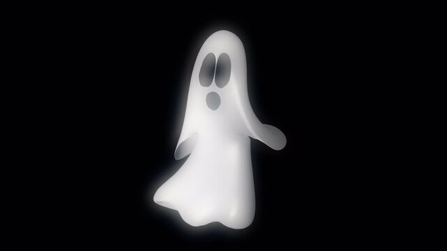 Animated white ghost character dancing on transparent background with glowing ethereal effect. Spooky spirit figure moving rhythmically for Halloween party celebration. Alpha channel, 3d rendering.