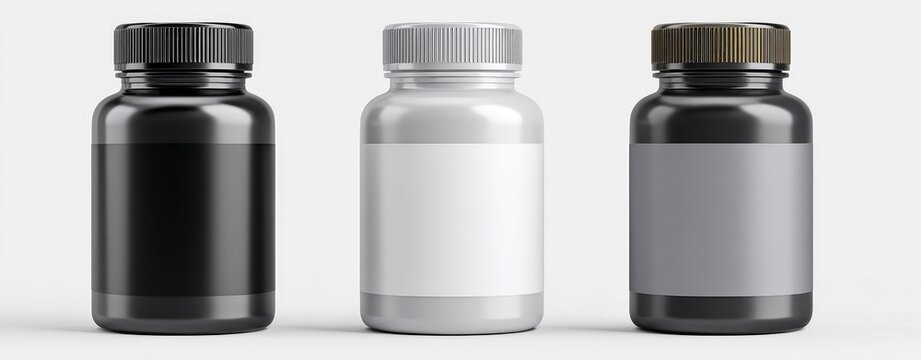 Three supplement containers, each with a blank label for branding. The bottles vary in color and cap. The arrangement is side by side