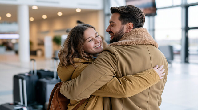 Attractive European parents smile as their daughter hugs them beside a cluster of suitcases, framed from the back in a large airy airport with light neutral colors and clean lines; European