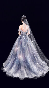 Back view illustration of bride wearing starry celestial galaxy veil gown wedding
