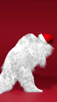 Merry Christmas and Happy New Year animation. Funny hairy white monster man character dancing. Furry beast having dancing, fur bright funny fluffy character, snowman, seamless motion design. 3d render