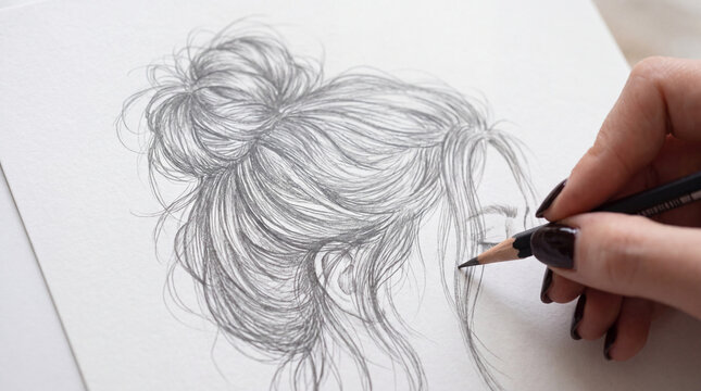 Hand holding graphite pencil drawing detailed hair bun sketch on art paper