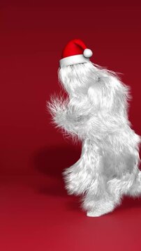 Merry Christmas and Happy New Year animation. Funny hairy white monster man character dancing. Furry beast having dancing, fur bright funny fluffy character, snowman, seamless motion design. 3d render