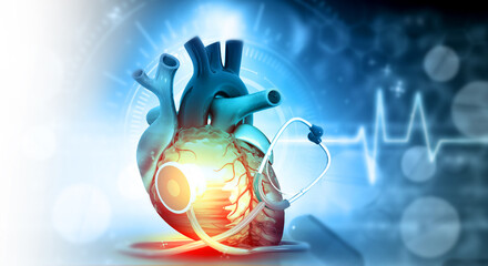 Fototapeta premium 3D medical rendering of a human heart alongside a stethoscope against a scientific background.
