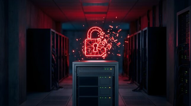 Broken padlock icon floating over server rack representing cyber breach