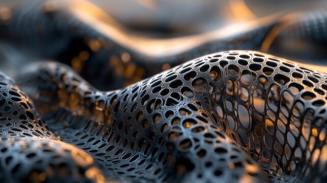 Macro view of futuristic breathable fabric with perforated cellular structure flowing waves delicate lighting innovative smart textile biomaterial research and abstract technology background design