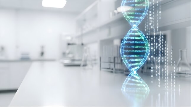 Digital DNA double helix hologram with binary code in a modern laboratory