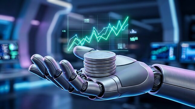 Robot hand holding Bitcoin cryptocurrency stack. Futuristic AI trading digital assets with blockchain coins.