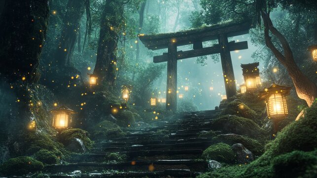 Mystical forest with torii gate and floating lantern lights glowing through fog creating magical fantasy atmosphere cinematic lighting and peaceful enchanted nature landscape with rich green tones