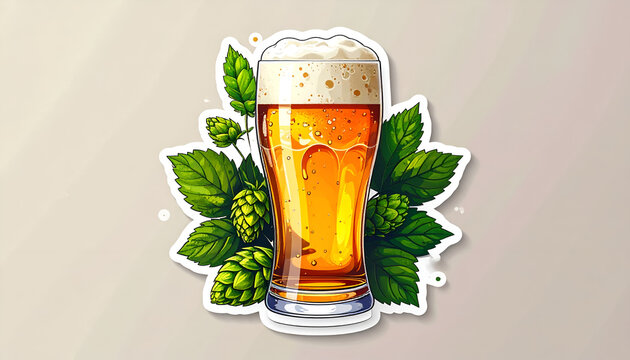 Refreshing Beer Glass with Foam and Hops Illustration
