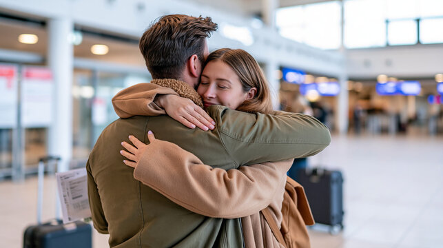 A man and woman share a lingering goodbye hug before one enters the departure area, medium rear view with boarding papers, carry-on suitcase and clean signage in a bright terminal; airport