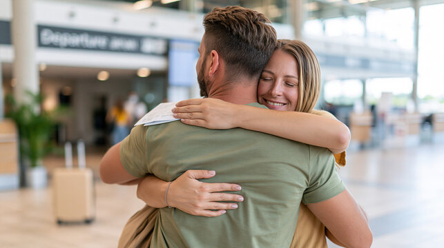 A man and woman share a lingering goodbye hug before one enters the departure area, medium rear view with boarding papers, carry-on suitcase and clean signage in a bright terminal; airport