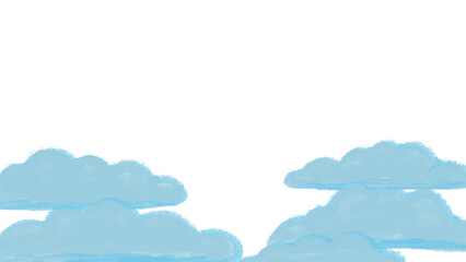 Fototapeta premium Cute hand drawn blue fluffy clouds arranged as a bottom border or frame. Soft chalk or crayon brush texture sky graphic elements for kids design, baby shower overlay isolated on transparent background