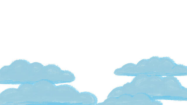 Cute hand drawn blue fluffy clouds arranged as a bottom border or frame. Soft chalk or crayon brush texture sky graphic elements for kids design, baby shower overlay isolated on transparent background