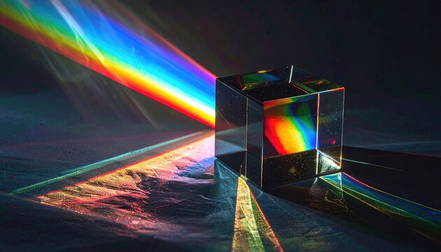 Cubic prism refracting light, creating spectral colors on surface