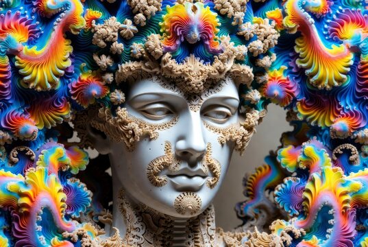 Ritratto surreale di un volto scultoreo con elaborati motivi frattali, texture organiche e colori psichedelici