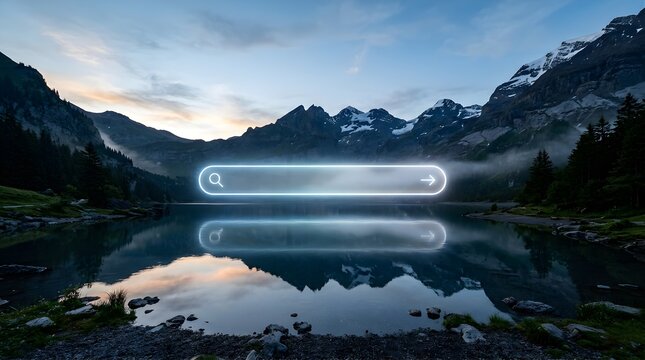 Glowing search bar floating above a mountain lake landscape at sunset
