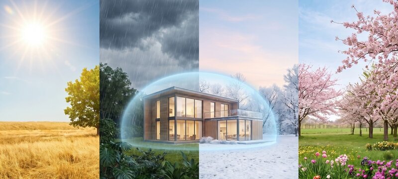 Modern wooden house protected by glowing blue energy dome shield in four different seasons weather condition concept with copy space.