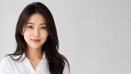 Fototapeta premium Professional portrait of confident young businesswoman in white shirt looking at camera with natural smile, modern corporate headshot, career success, leadership and workplace confidence concept