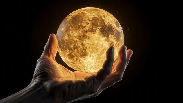 Human hand holding glowing full moon isolated on black background surreal night concept with strong contrast mystical light sphere in palm cosmic energy and dreamlike atmosphere abstract astronomy