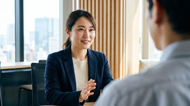 会議室の席に座り、テーブルの対面に座る部下に穏やかな笑顔で話しかけている30代日本人女性社員のクローズアップ