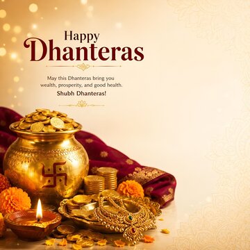 Happy dhanteras gold jewelry and coins in ornate pot with diya dhanteras prosperity festival celebration abundance religious tradition