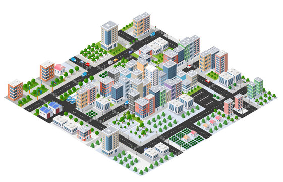 Isometric city map showing urban architecture and streets