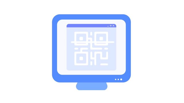Flat Vector Animation of QR Code Displayed on Computer Monitor Screen.