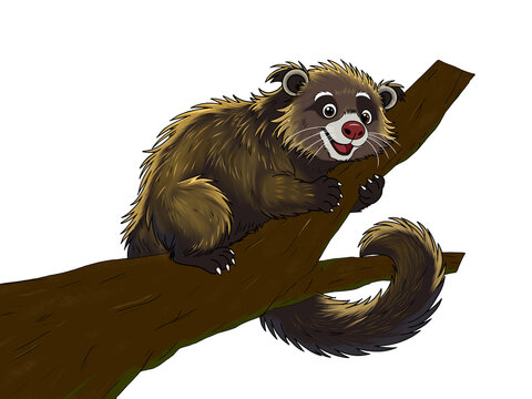 A cartoon binturong ( bear cat ) hugging a tree branch
