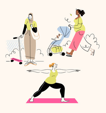 Three Vector Diverse Pregnant Mother Character Designs Motherhood Pink Green Baby Yoga Muslim Woman