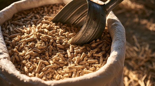 Livestock Feed Pellets with Metal Scoop on Farm