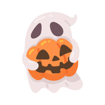 Cute cartoon ghost character holding a cheerful carved orange jack o' lantern for a fun Halloween party