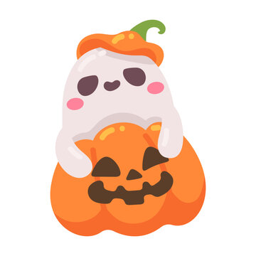 Cute friendly cartoon ghost character with a pumpkin hat hugging a happy jack o' lantern for Halloween
