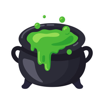 Illustrated black witch's cauldron filled with vibrant green bubbling potion, perfect for magical themes