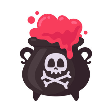 Vibrant red potion bubbling furiously in a sinister black cauldron adorned with a skull and crossbones.