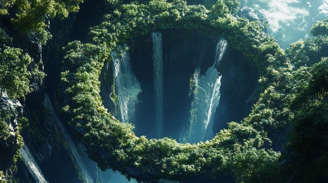 Massive circular eco habitat surrounded by tropical forest with central blue lagoon waterfalls futuristic sustainable city design green architecture luxury retreat and nature technology harmony scene