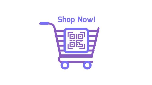 Purple shopping cart icon with QR code and Shop Now text on white background.