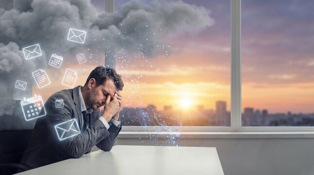 Stressed businessman sitting at office desk covering face with storm cloud and glowing email icons representing work overload and burnout.