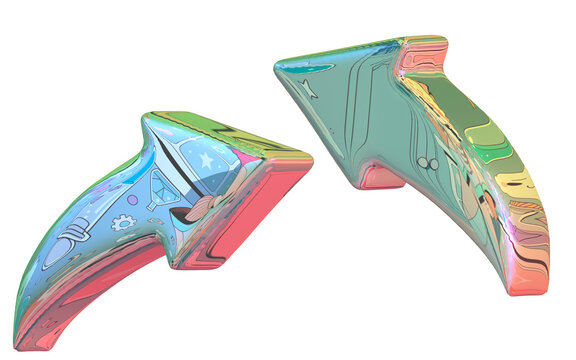Set two stylized 3D arrow in futuristic style with iridescent effects and gradients
