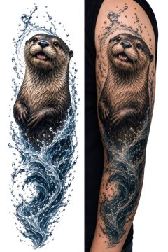 Otter design emerging from water splash tattoo