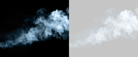 Obraz premium White smoke trail overlay isolated on transparent background. Blue smoke cloud texture on black background