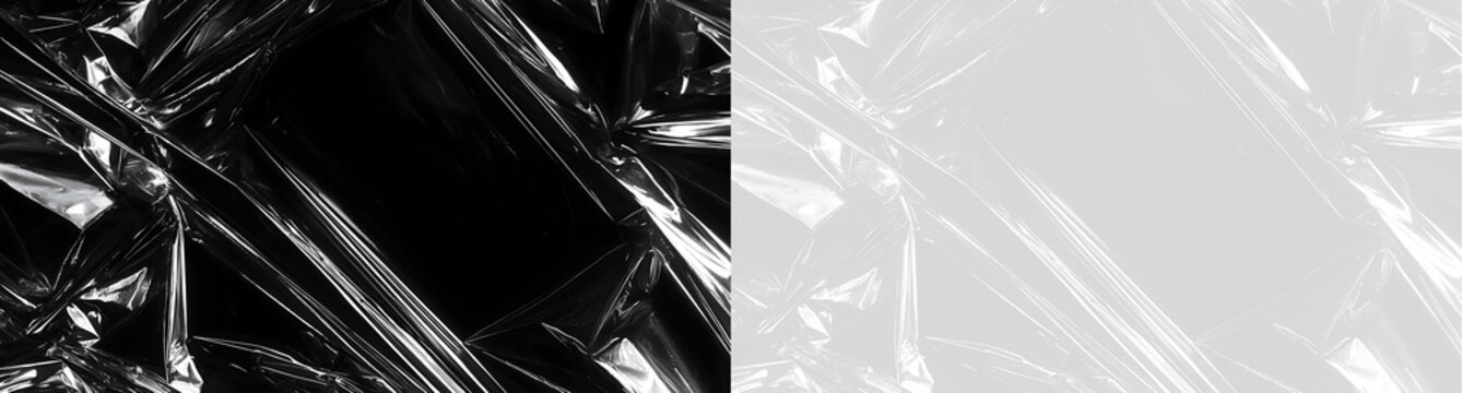 Transparent plastic film texture with light reflections. Wrinkled cellophane overlay on black background