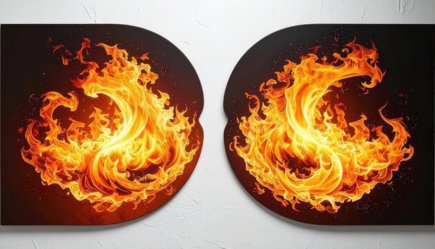 Symmetrical fire art; two half-circle panels display fiery forms against a dark backdrop on a textured white wall