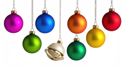 Obraz premium Colorful Christmas ornaments hang from chains with a jingle bell, isolated on white