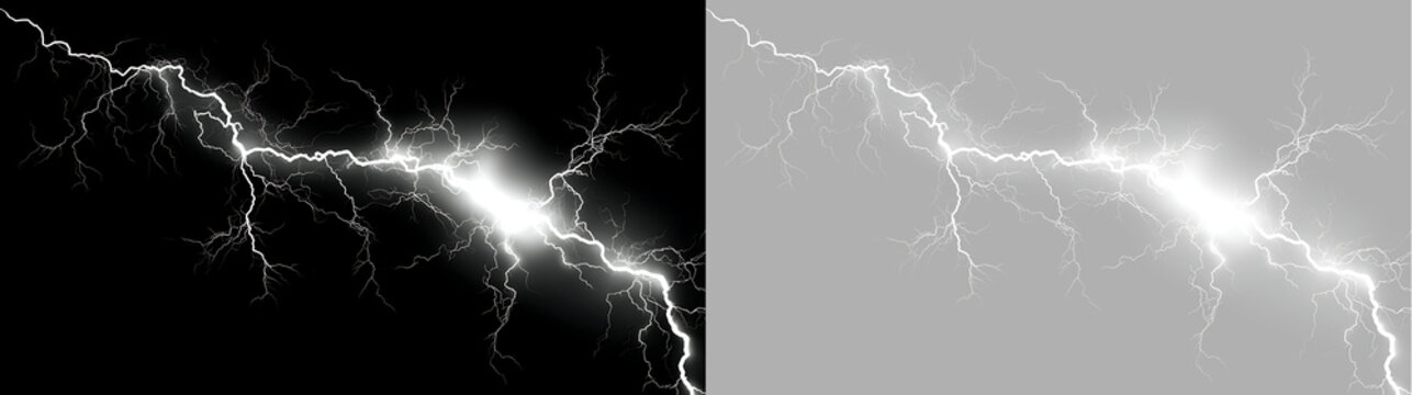 Realistic electric lightning bolt strike visual effect. Glowing powerful thunder flash overlay element on transparent background