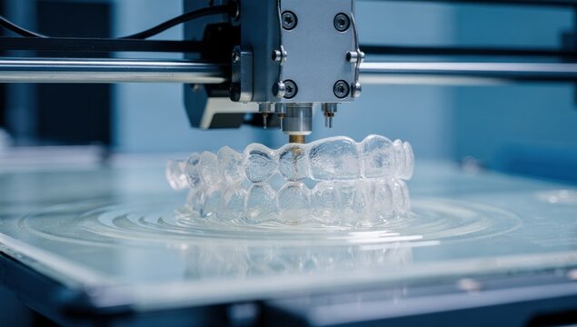Transparent dental aligner tray produced with high precision in modern laboratory close up view showing smooth surface detailed structure and advanced orthodontic technology professional dental care